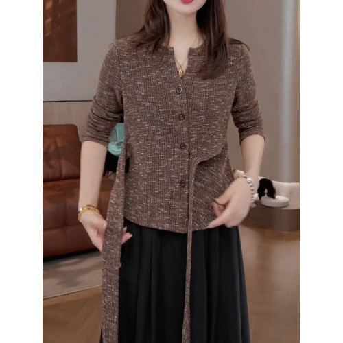 高級感復古輕奢V領針織衫女秋季大碼胖MM設計感氣質顯瘦綁帶上衣