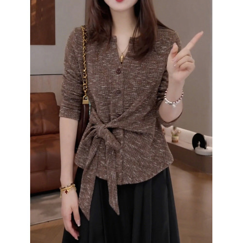 高級感復古輕奢V領針織衫女秋季大碼胖MM設計感氣質顯瘦綁帶上衣