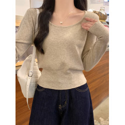 法式軟糯低圓領純色針織衫毛衣女秋季氣質收腰顯瘦基礎款上衣內搭