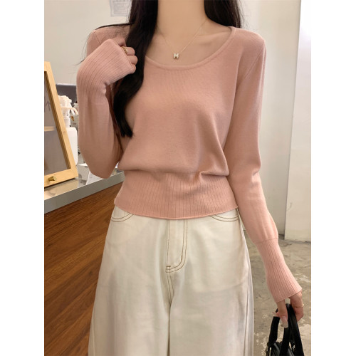 法式軟糯低圓領純色針織衫毛衣女秋季氣質收腰顯瘦基礎款上衣內搭