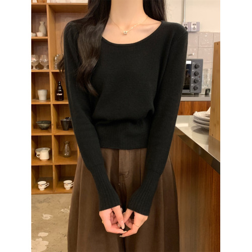 法式軟糯低圓領純色針織衫毛衣女秋季氣質收腰顯瘦基礎款上衣內搭