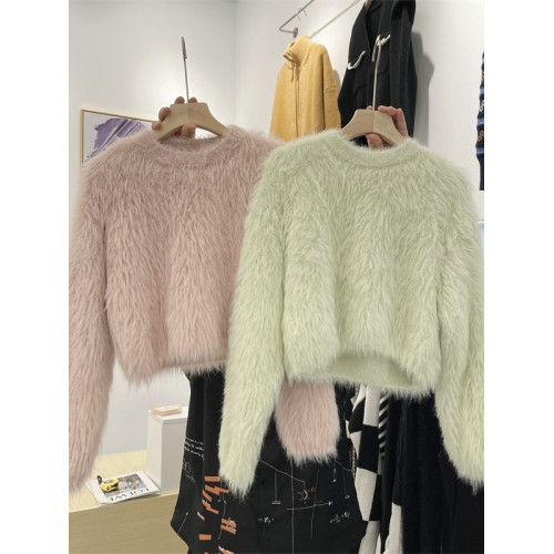 秋冬氣質高級感水貂毛軟糯毛茸茸短款毛衣女春秋甜辣小短款上衣