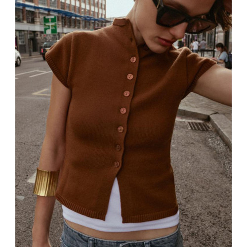 2025秋季新品時尚通勤短袖排釦飾圓領無袖針織上衣 5536160