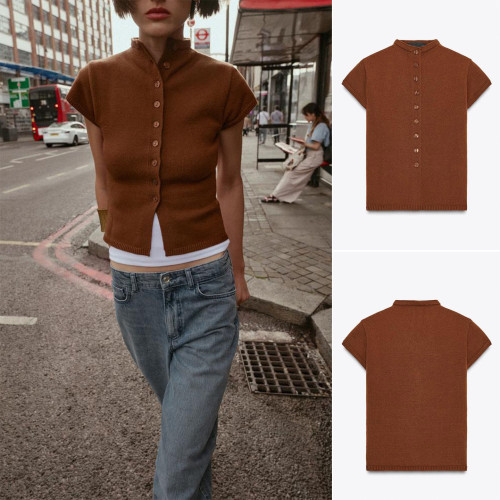 2025秋季新品時尚通勤短袖排釦飾圓領無袖針織上衣 5536160