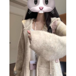 慵懶感軟糯連帽針織衛衣開衫女秋冬松弛感外搭寬松韓系毛衣外套潮