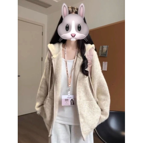 慵懶感軟糯連帽針織衛衣開衫女秋冬松弛感外搭寬松韓系毛衣外套潮