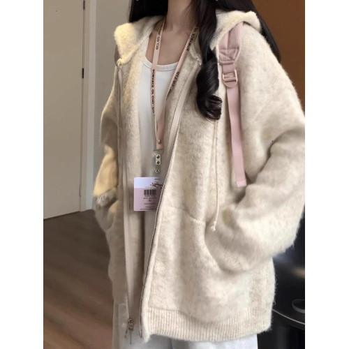 慵懶感軟糯連帽針織衛衣開衫女秋冬松弛感外搭寬松韓系毛衣外套潮