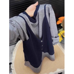 早春假兩件拼接針織衫女2026秋季新款大碼微胖MM顯瘦長袖圓領上衣