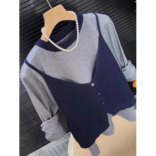 早春假兩件拼接針織衫女2026秋季新款大碼微胖MM顯瘦長袖圓領上衣