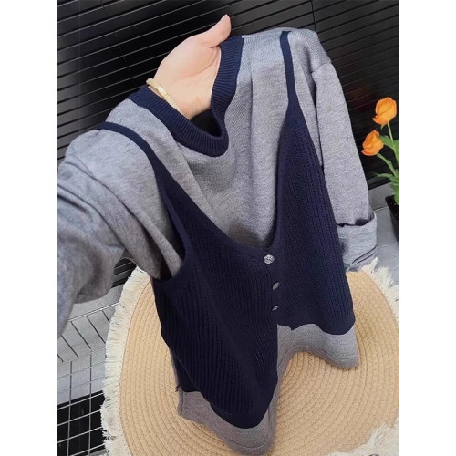 早春假兩件拼接針織衫女2026秋季新款大碼微胖MM顯瘦長袖圓領上衣