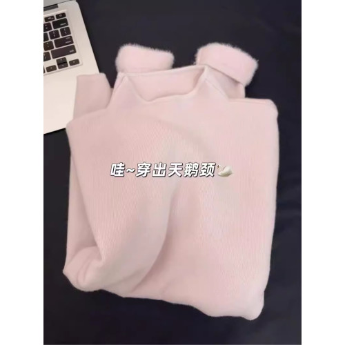 秋冬一體水貂絨半高領加絨加厚毛衣女保暖內搭長袖針織打底衫上衣