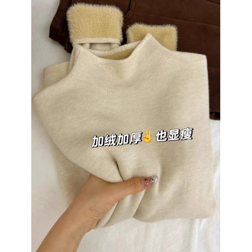 秋冬一體水貂絨半高領加絨加厚毛衣女保暖內搭長袖針織打底衫上衣