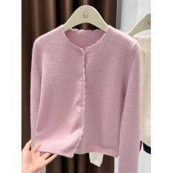 高級感紅色針織開衫外套女秋季2025新款花邊圓領柔糯毛衣長袖披肩