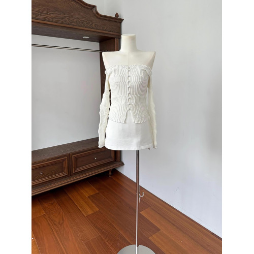 早秋新款趙露思同款白色一字肩針織衫女修身顯瘦露鎖骨高級感上衣