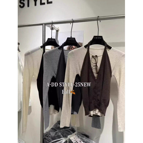 十三行2025秋季新款韓系曡穿打底針織衫V領掛脖吊帶兩件套上衣女