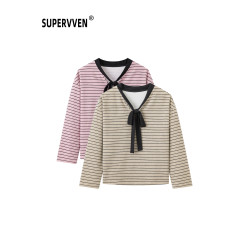 超級文 一簾花影條紋飄帶顯瘦針織衫