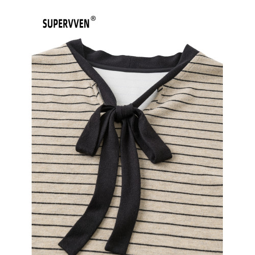 超級文 一簾花影條紋飄帶顯瘦針織衫