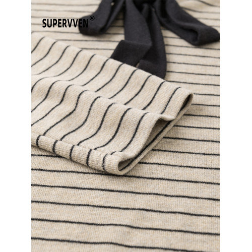 超級文 一簾花影條紋飄帶顯瘦針織衫