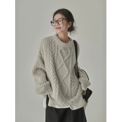 秋冬季松弛感寬松復古套頭麻花加厚單外穿內搭毛衣針織衫女慵懶風