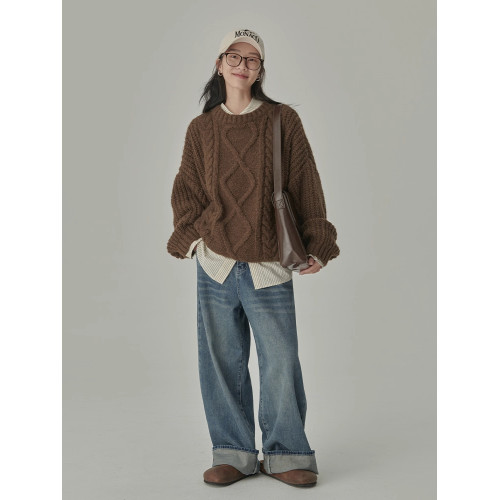 秋冬季松弛感寬松復古套頭麻花加厚單外穿內搭毛衣針織衫女慵懶風 秋冬季松弛感寬松復古套頭麻花加厚單外穿內搭毛衣針織衫女慵懶風