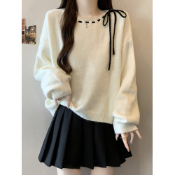 寬松蝴蝶結系帶正肩針織衫女秋季大碼胖mm軟糯慵懶巨好看減齡上衣