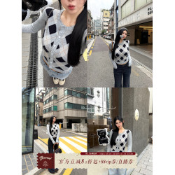 黑澤玄七2025秋季新款微胖長袖毛衣女菱形格提花修身短款開衫外套