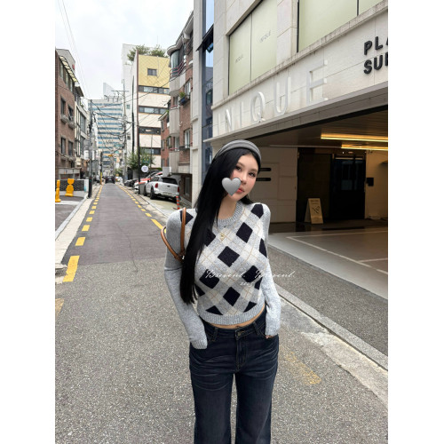 黑澤玄七2025秋季新款微胖長袖毛衣女菱形格提花修身短款開衫外套