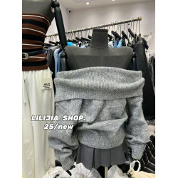 韓國東大門秋季新款韓版時尚一字肩長袖針織衫女慵懶風寬松毛衣潮