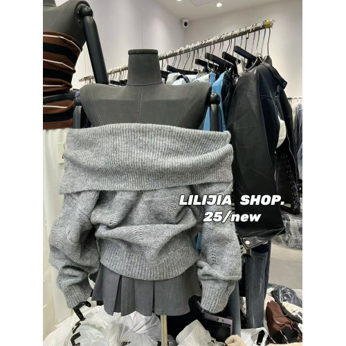 韓國東大門秋季新款韓版時尚一字肩長袖針織衫女慵懶風寬松毛衣潮