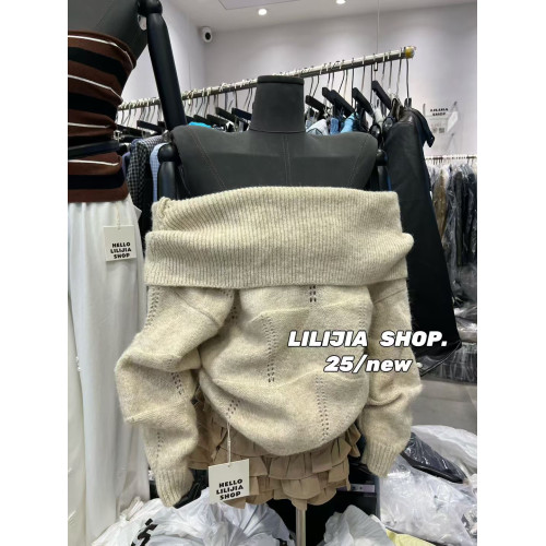 韓國東大門秋季新款韓版時尚一字肩長袖針織衫女慵懶風寬松毛衣潮