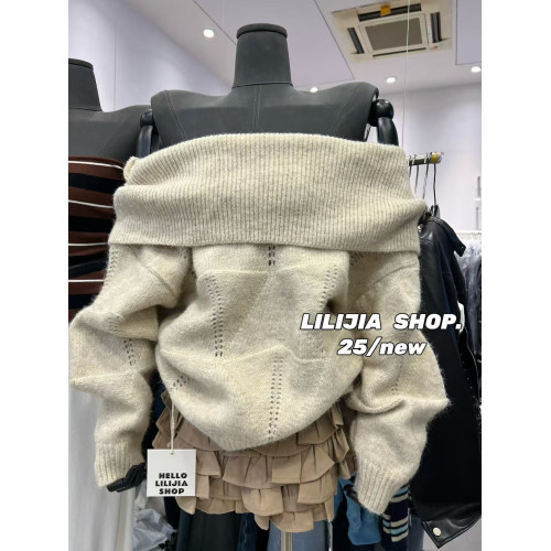 韓國東大門秋季新款韓版時尚一字肩長袖針織衫女慵懶風寬松毛衣潮