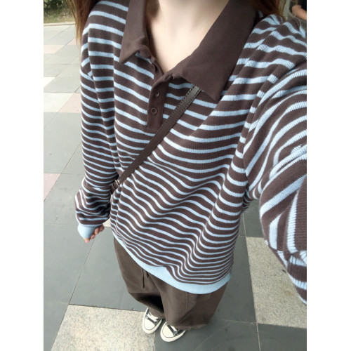 翻領條紋衛衣女秋冬新款復古百搭撞色寬松韓系高級感休閒長袖上衣 翻領條紋衛衣女秋冬新款復古百搭撞色寬松韓系高級感休閒長袖上衣