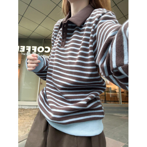翻領條紋衛衣女秋冬新款復古百搭撞色寬松韓系高級感休閒長袖上衣 翻領條紋衛衣女秋冬新款復古百搭撞色寬松韓系高級感休閒長袖上衣