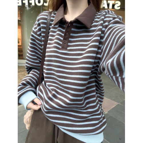 翻領條紋衛衣女秋冬新款復古百搭撞色寬松韓系高級感休閒長袖上衣 翻領條紋衛衣女秋冬新款復古百搭撞色寬松韓系高級感休閒長袖上衣