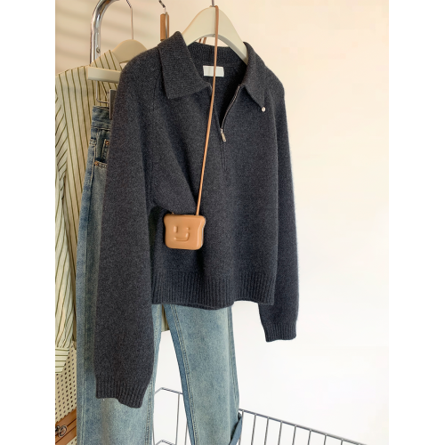 韓系軟糯針織衫女秋冬新款寬松慵懶風毛衣小個子外穿翻領拉鍊上衣