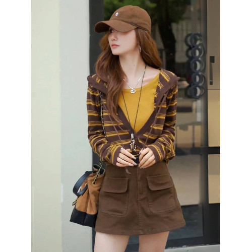 韓系時尚連帽假兩件長袖針織衫女秋季復古拼接條紋洋氣半開領上衣