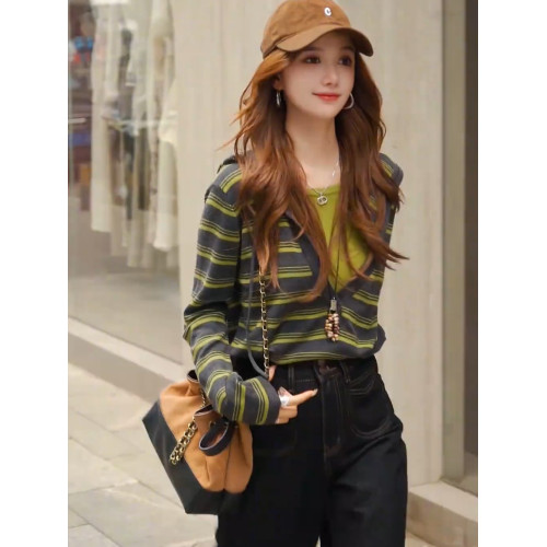 韓系時尚連帽假兩件長袖針織衫女秋季復古拼接條紋洋氣半開領上衣