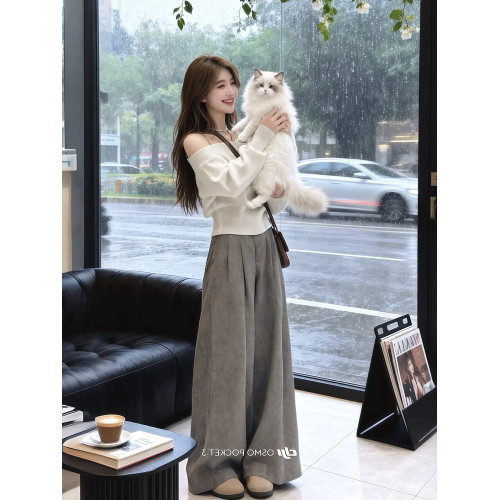 韓系長袖斜肩毛衣女秋冬季寬松慵懶風高級感針織衫露肩一字肩上衣