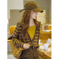 大碼胖mm復古條紋風連帽假兩件針織衫女秋季新款撞色顯瘦遮肉毛衣