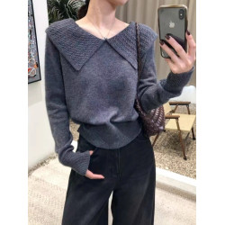 韓系chic灰色大繙領長袖針織衫女春季大碼胖MM顯瘦長袖高級感毛衣