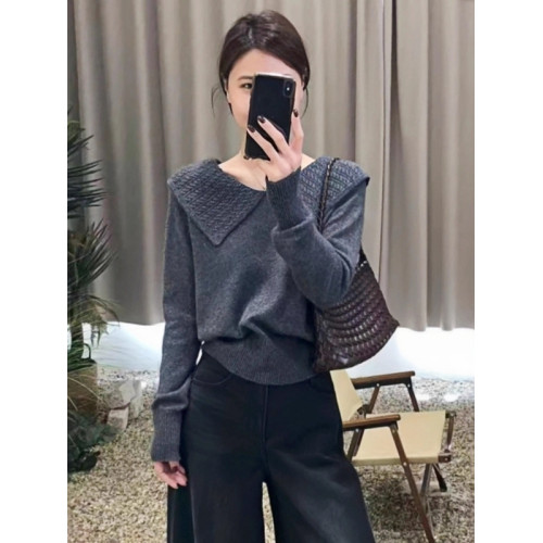 韓系chic灰色大繙領長袖針織衫女春季大碼胖MM顯瘦長袖高級感毛衣