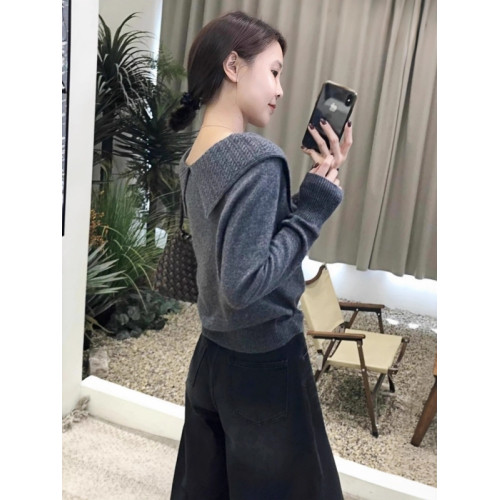 韓系chic灰色大繙領長袖針織衫女春季大碼胖MM顯瘦長袖高級感毛衣