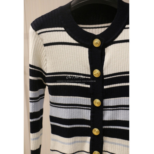 2025早秋新款小香風撞色條紋短款圓領長袖針織毛衣開衫吊帶兩件套