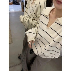 大碼簡約黑白調條紋長袖針織衫女2025新款胖MM遮肚子顯瘦秋季上衣