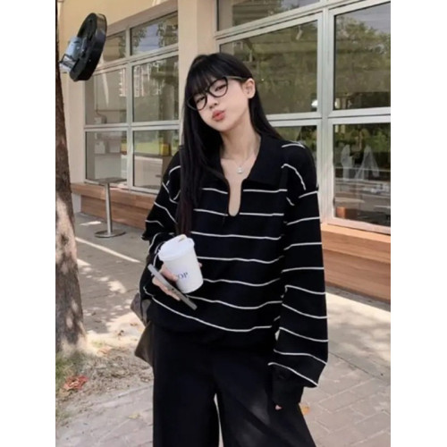 大碼簡約黑白調條紋長袖針織衫女2025新款胖MM遮肚子顯瘦秋季上衣