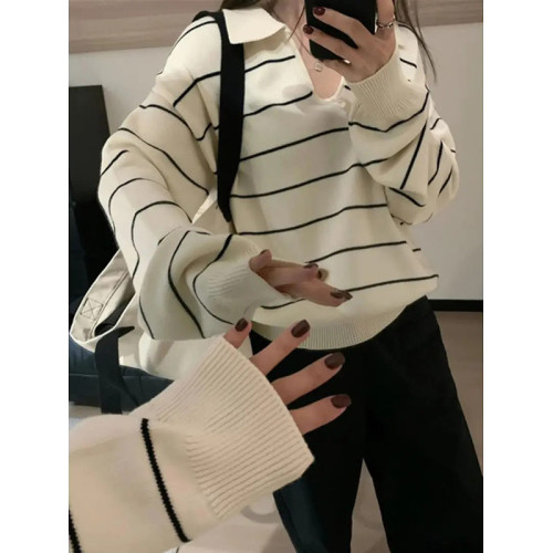 大碼簡約黑白調條紋長袖針織衫女2025新款胖MM遮肚子顯瘦秋季上衣