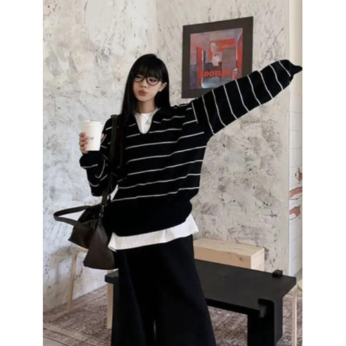 大碼簡約黑白調條紋長袖針織衫女2025新款胖MM遮肚子顯瘦秋季上衣