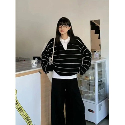 大碼簡約黑白調條紋長袖針織衫女2025新款胖MM遮肚子顯瘦秋季上衣