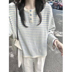 2025新款慵嬾感藍色條紋撞色針織衫上衣秋季穿搭寬鬆毛衣女早秋季
