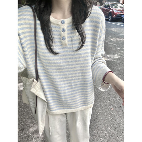 2025新款慵嬾感藍色條紋撞色針織衫上衣秋季穿搭寬鬆毛衣女早秋季